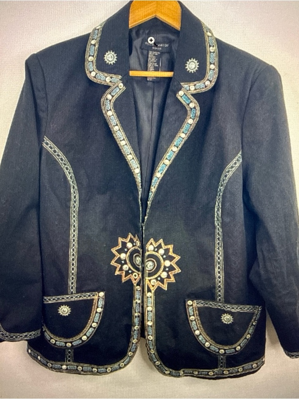 VTG ANNE CARSON WOMAN Linen Blend Black Denim Embroidered Bling Western Size 1X